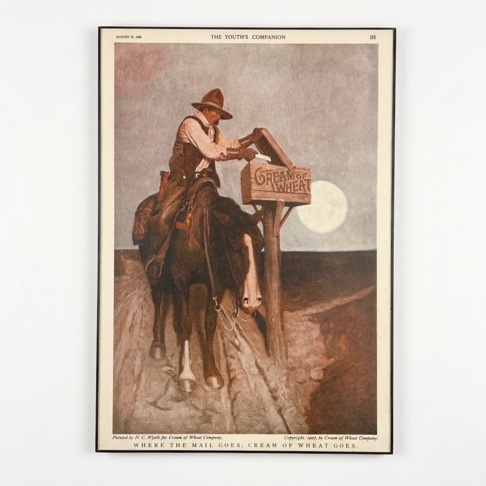 WYETH Cream Of Wheat "Where The Mail Goes" 1908 Youth Companion Ad Dry Mount Art